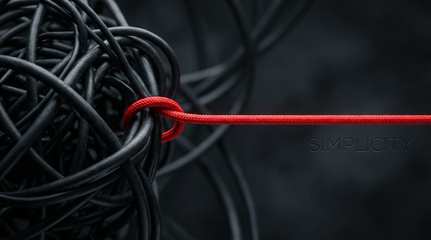 Tangled wires transforming into a single focused red line - representing the shift from chaos to focus